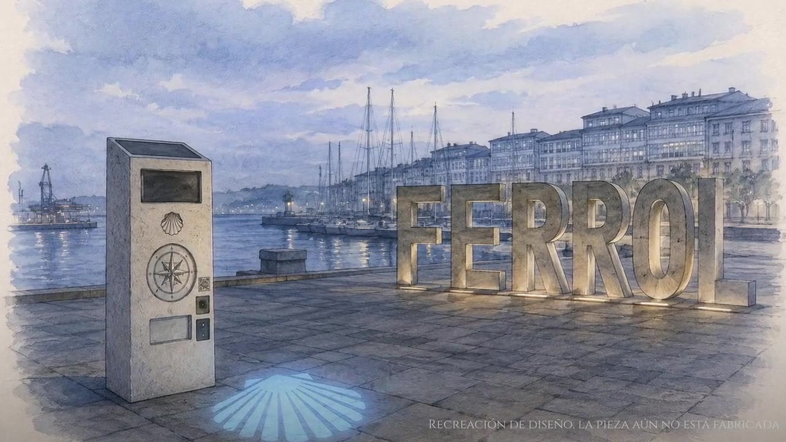 Ilustración del hito en el muelle de Curuxeiras, con las letras de Ferrol y la vieira proyectada sobre el pavimento