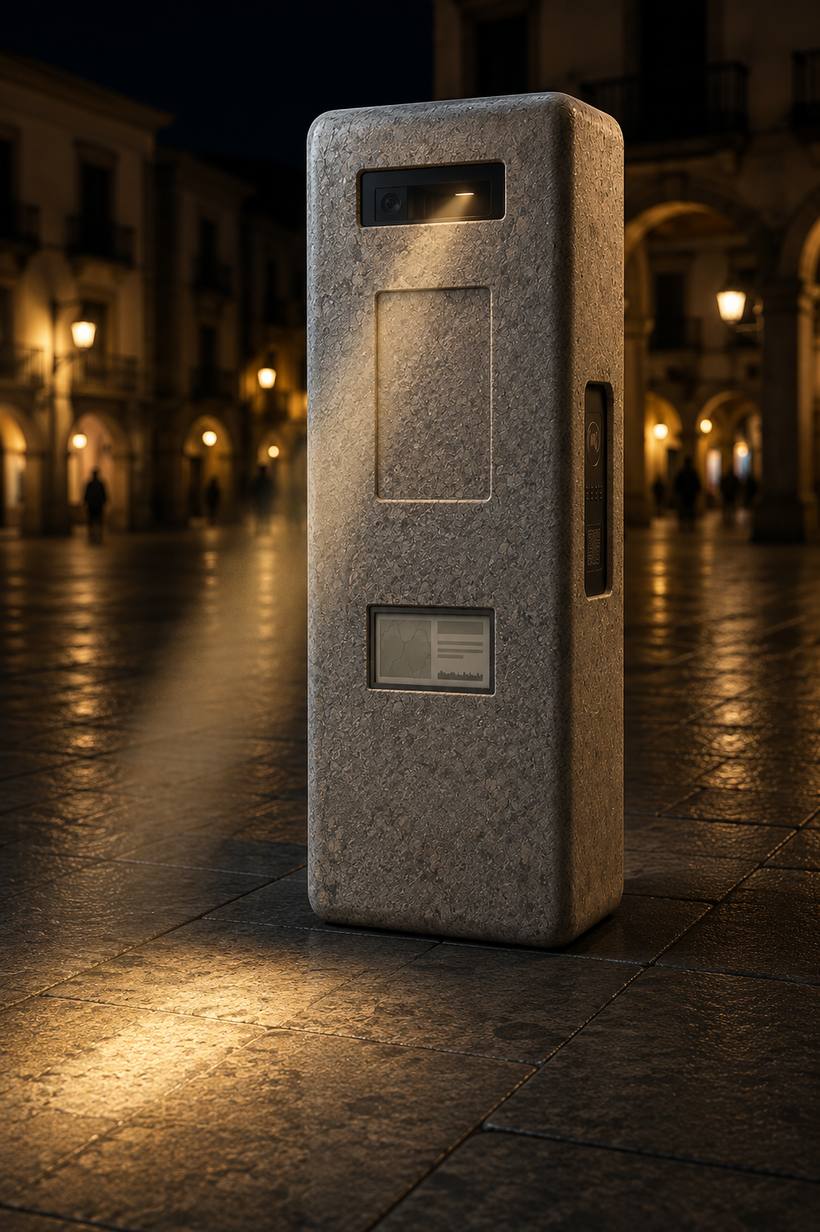 Monolito de piedra visto de frente, con el visor superior, el rehundido del emblema y la pantalla de tinta electrónica